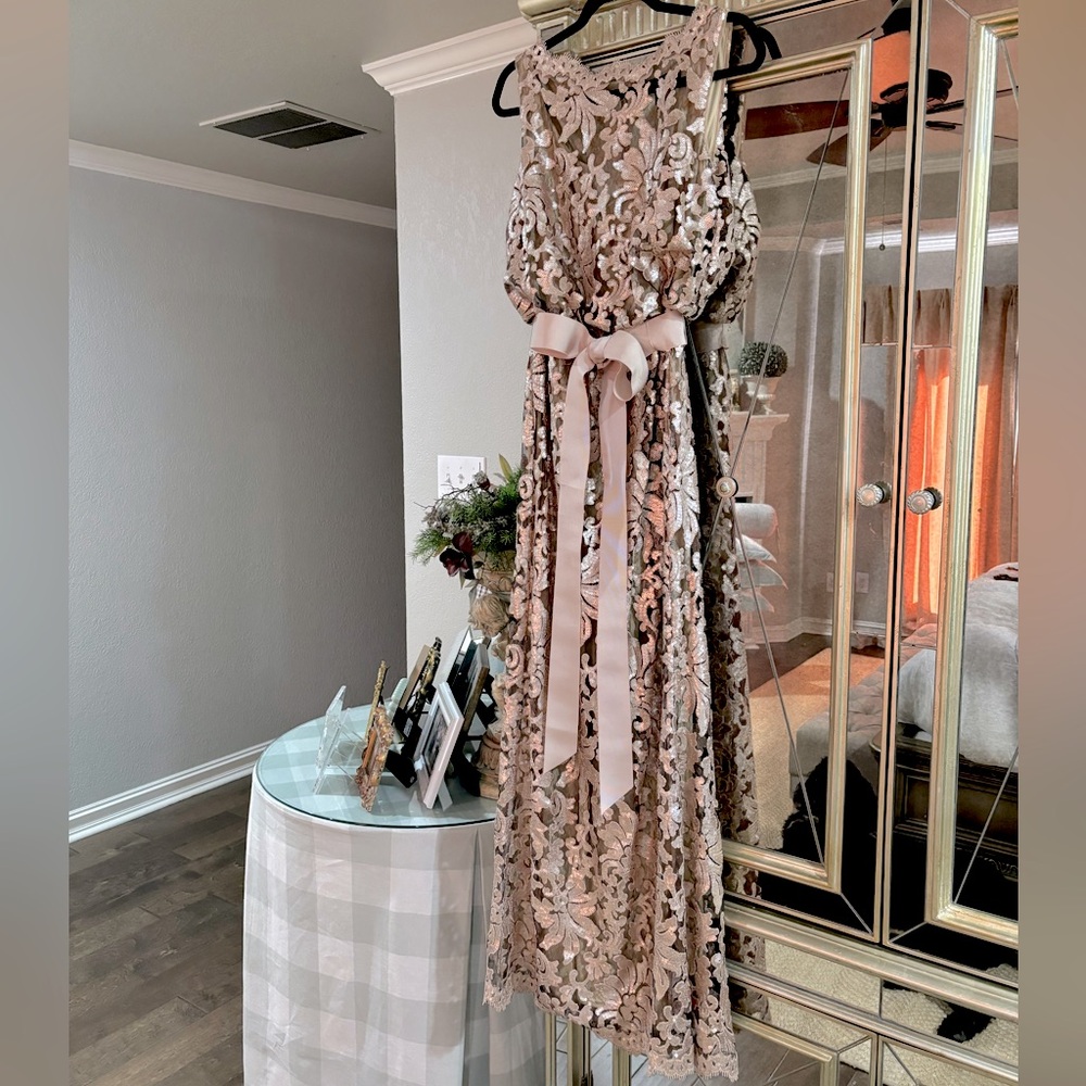 Tadashi Shoji | Sleeveless Blouson Sequin Lace Gown | Blush Gold✨ | NWT | Size 6